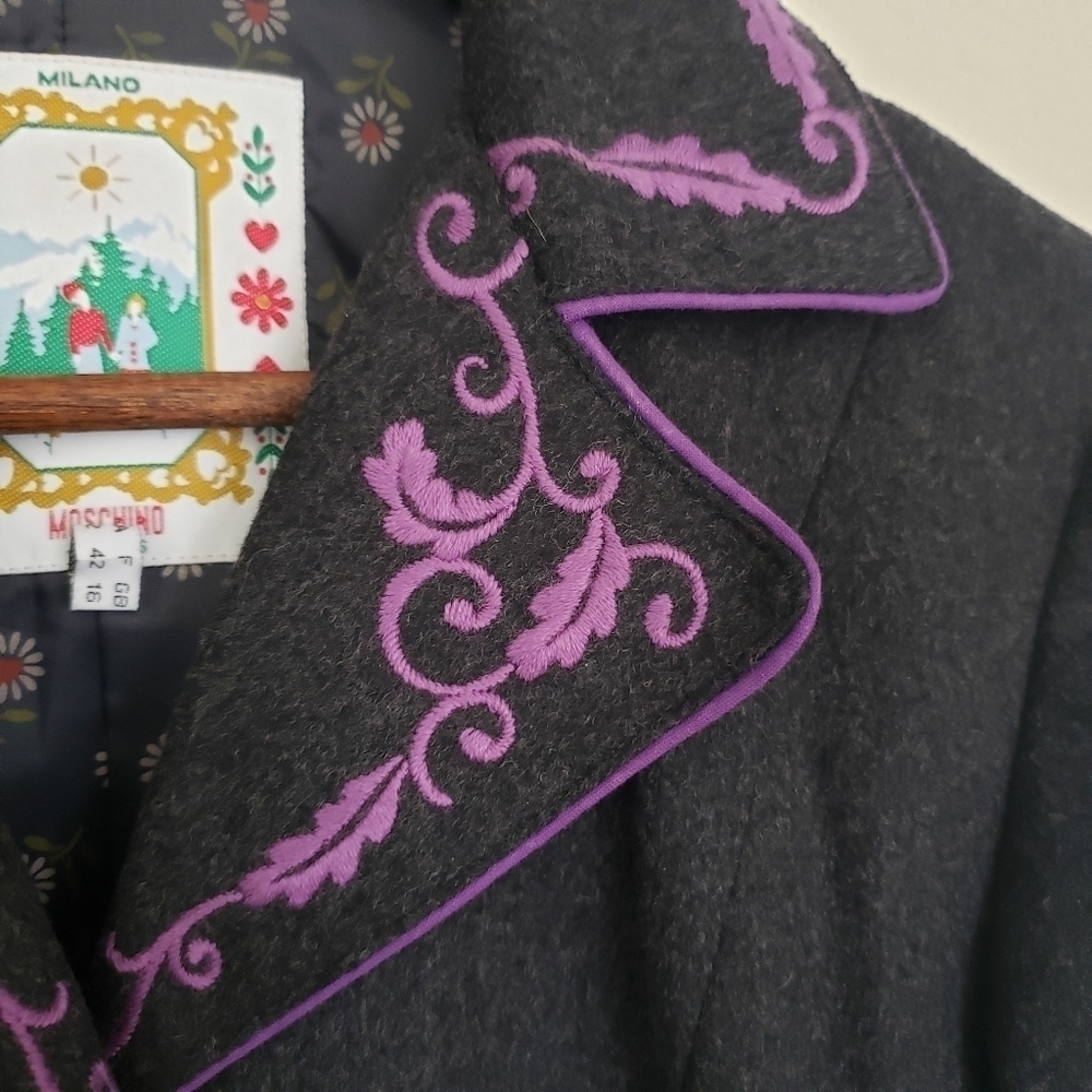 Moschino Wool Cashmere Blazer Womens Size 10 US Medium Gray Purple Embroidered - Picture 6 of 16